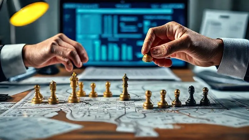 photorealistic, professional photography, 8K, cinematic lighting, sharp focus, depth of field, shot on a high-end DSLR. A strategic roadmap unfurling across a desk, with miniature chess pieces arranged to represent different states and tax challenges. Hands are strategically placing new pieces, indicating planning and problem-solving. The background shows blurred financial documents and a computer screen with tax forms.