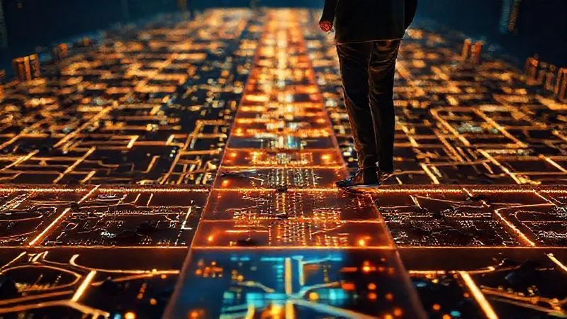photorealistic, professional photography, 8K, cinematic lighting, sharp focus, depth of field, shot on a high-end DSLR. A person carefully stepping across a series of complex, glowing digital platforms, each representing a different state's tax law. The path ahead is clear but intricate, with potential pitfalls shown as dark, crumbling platforms. The individual is focused and determined, symbolizing meticulous risk mitigation in multi-state tax compliance.