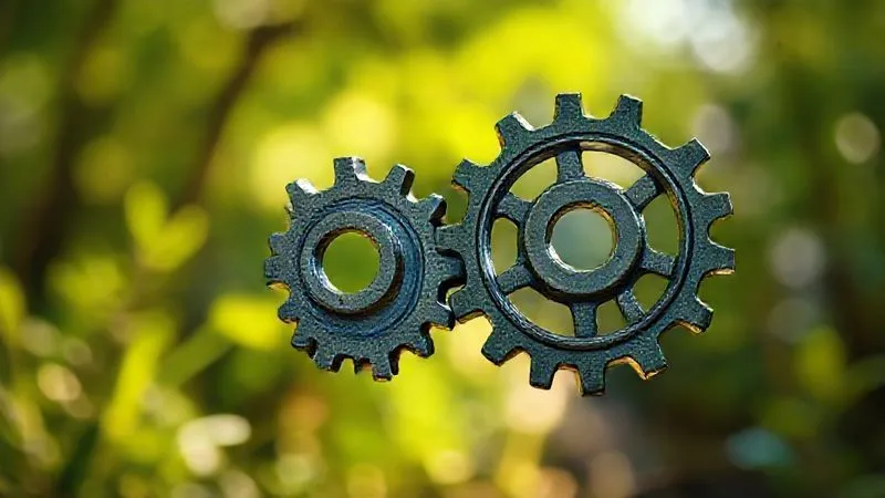 A photorealistic, professional photography image of two gears, one representing 'Financial Growth' and the other 'Social/Environmental Impact', perfectly interlocking and turning smoothly together, symbolizing synergy and interdependence. Cinematic lighting, sharp focus on the gears, depth of field blurring a background that combines elements of a vibrant economy and thriving natural environment, 8K hyper-detailed.