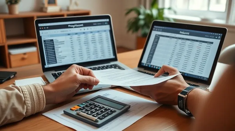 photorealistic, professional photography, 8K, cinematic lighting, sharp focus, depth of field, shot on a high-end DSLR. A person intently reviewing a stack of official documents and a laptop showing a financial spreadsheet, with a small calculator and a pen nearby, symbolizing financial assessment after job termination. The setting is a neat home office, conveying diligence and planning.