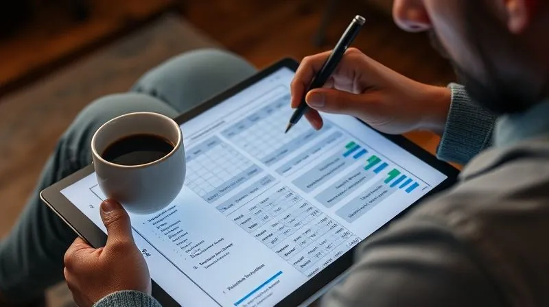 photorealistic, professional photography, 8K, cinematic lighting, sharp focus, depth of field, shot on a high-end DSLR. A person thoughtfully reviewing a detailed budget spreadsheet on a tablet, with a cup of simple coffee and a pen, emphasizing careful financial planning and cost-cutting measures in a home setting. The mood is serious yet determined.