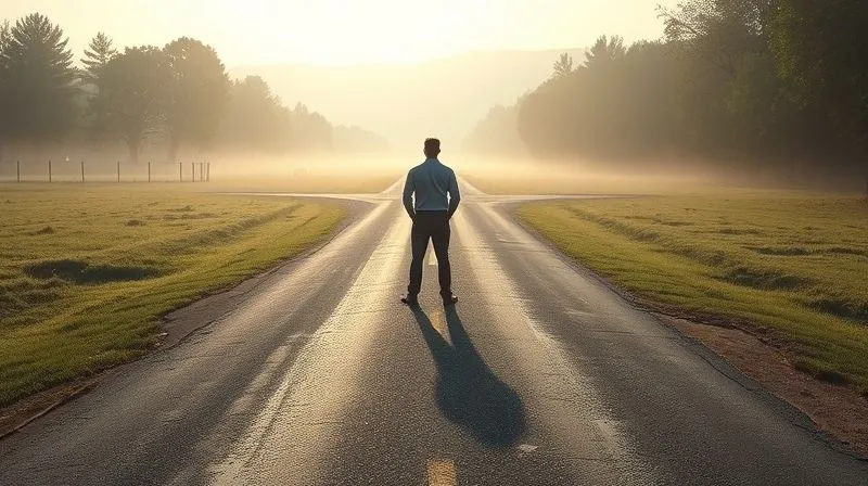 photorealistic, professional photography, 8K, cinematic lighting, sharp focus, depth of field, shot on a high-end DSLR. A person standing at a crossroads in a serene, slightly misty landscape, looking confidently towards a clear path ahead, symbolizing resilience and re-evaluation of financial and life goals after a setback. The lighting is soft and hopeful.
