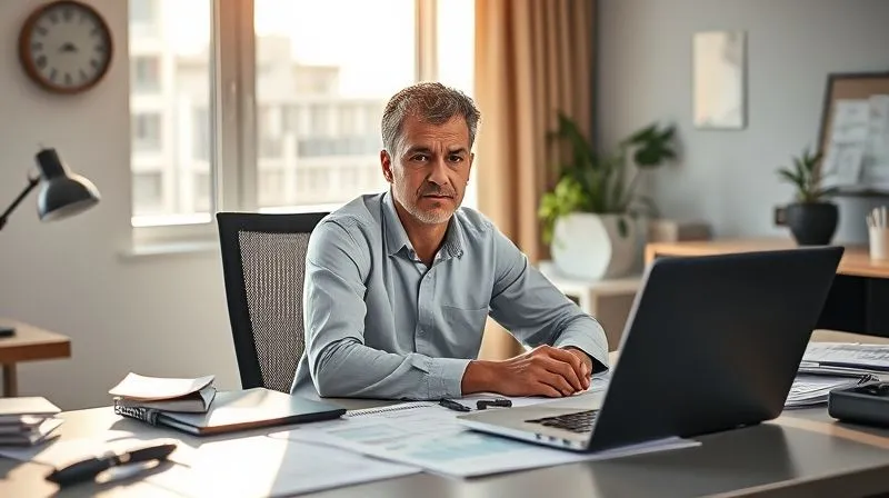 Photorealistic, professional photography, 8K, cinematic lighting, sharp focus, depth of field, shot on a high-end DSLR. A person sits at a modern desk, surrounded by neatly organized financial documents and a laptop displaying a spreadsheet, their expression one of focused determination rather than despair. Sunlight streams through a window, illuminating the scene and suggesting clarity and purpose.