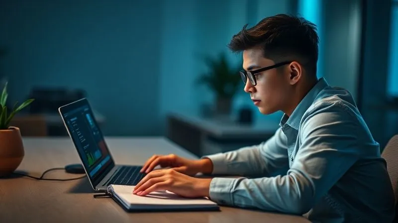 Photorealistic, professional photography, 8K, cinematic lighting, sharp focus, depth of field, shot on a high-end DSLR. A young professional is seated at a desk, intently focused on a laptop screen displaying a career development platform or online course. A notebook with strategic plans is open beside them, and a subtle glow from the screen illuminates their face, conveying a sense of ambition and learning. The background is a modern, slightly blurred office or home office setting.