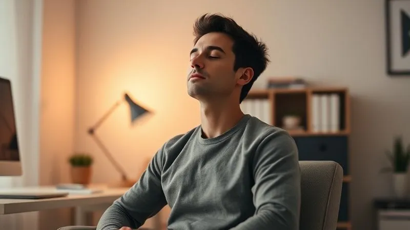 Photorealistic, professional photography, 8K, cinematic lighting, sharp focus, depth of field, shot on a high-end DSLR. A person sits calmly in a well-lit, minimalist home office, taking a deep, calming breath. Their eyes are closed, and their posture is relaxed yet professional. A subtle, warm light envelops them, conveying peace and control amidst their work environment. There are no visible screens or distractions, emphasizing a moment of mental clarity.