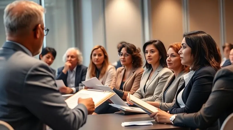 Photorealistic image of a diverse group of executives and board members participating in a professional development workshop. They are actively listening and taking notes, with a presenter at the front. The setting is a modern, bright conference room. Professional photography, 8K, cinematic lighting, sharp focus on the engaged participants, depth of field blurring the background, shot on a high-end DSLR.