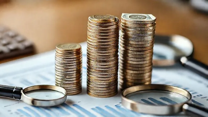 A photorealistic image of three distinct stacks of coins and bills, each representing a different financial instrument: a small stack for checking account, a medium stack for a money market account, and a taller, more structured stack for a CD, all on a financial ledger with a magnifying glass nearby. Cinematic lighting, sharp focus on the money, depth of field blurring the background. Professional photography, 8K, shot on a high-end DSLR.