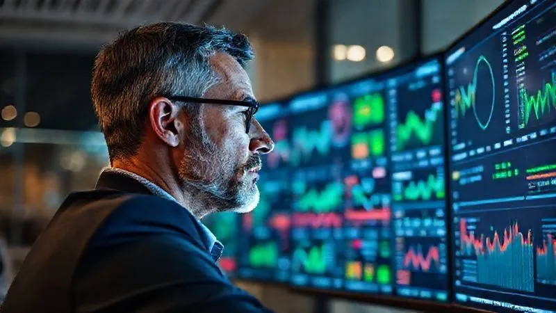 A photorealistic image of a corporate treasurer, mid-30s, looking intently at multiple financial dashboards on large monitors, with a determined yet focused expression. The screens display complex data visualizations of cash flow, interest rates, and investment portfolios. Cinematic lighting, sharp focus on the treasurer and screens, depth of field blurring the modern office background. Professional photography, 8K, shot on a high-end DSLR.
