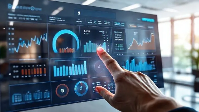 A photorealistic image depicting a futuristic financial dashboard with holographic data projections, showing real-time cash flow, interest rates, and investment allocations. A human hand, with a subtle glow, interacts with the projections. The background is a sleek, modern corporate office. Professional photography, 8K, cinematic lighting, sharp focus on the dashboard and hand, depth of field blurring the office. Shot on a high-end DSLR.