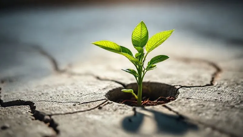 A photorealistic image of a strong, healthy sapling breaking through concrete, reaching towards sunlight, symbolizing growth, resilience, and breaking free from limitations. The sapling has vibrant green leaves, and the concrete is cracked but sturdy. Cinematic lighting, sharp focus on the sapling, depth of field blurring the background. Professional photography, 8K, shot on a high-end DSLR.