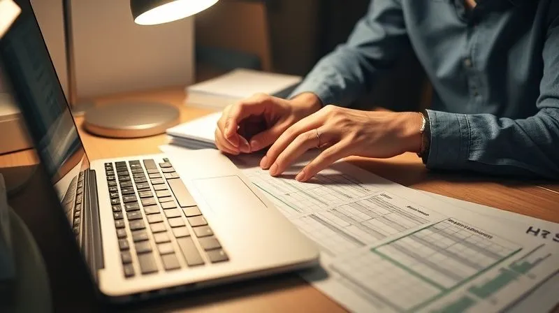 A photorealistic image of a person meticulously organizing financial documents and a laptop with a budgeting spreadsheet, illuminated by a desk lamp in a focused, professional setting. The scene conveys diligence and clarity. 8K, cinematic lighting, sharp focus, depth of field, professional photography, shot on a high-end DSLR.