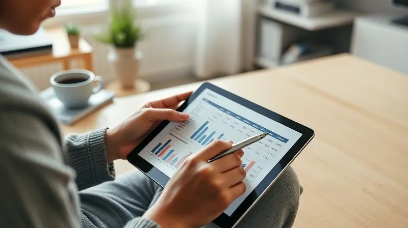 A photorealistic image of a person carefully reviewing a detailed budget spreadsheet on a tablet, with a cup of coffee and a pen, in a minimalist, organized home office. The scene exudes focus and control over finances. 8K, cinematic lighting, sharp focus, depth of field, professional photography, shot on a high-end DSLR.