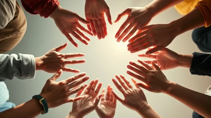 A photorealistic image of diverse hands reaching out to form a supportive circle, with a soft glow emanating from the center, symbolizing community aid and financial support. The lighting is warm and empathetic. 8K, cinematic lighting, sharp focus, depth of field, professional photography, shot on a high-end DSLR.