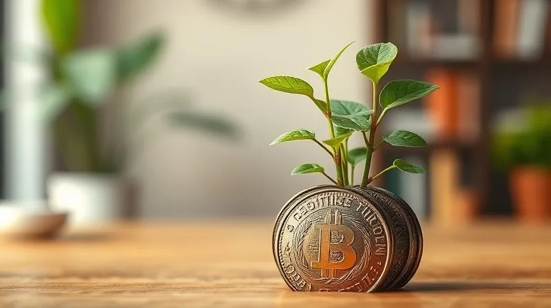 A photorealistic image of a lush, thriving plant growing out of a coin, symbolizing steady financial growth and resilience. The plant is well-watered and vibrant, with a blurred background of a secure home environment. 8K, cinematic lighting, sharp focus, depth of field, professional photography, shot on a high-end DSLR.