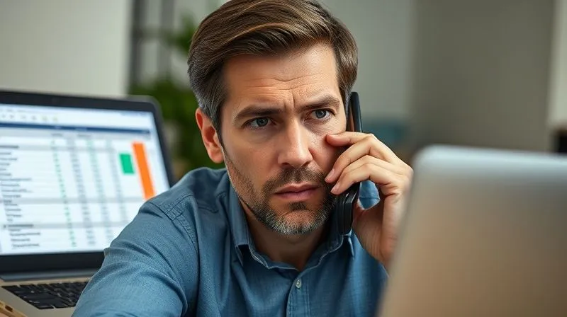A photorealistic image of a professional, mid-30s, on a phone call, looking slightly stressed but determined, with a laptop open showing a budget spreadsheet in the background. The focus is on their earnest expression and the phone. Professional photography, 8K, cinematic lighting, sharp focus on the person, depth of field blurring the background, shot on a high-end DSLR.