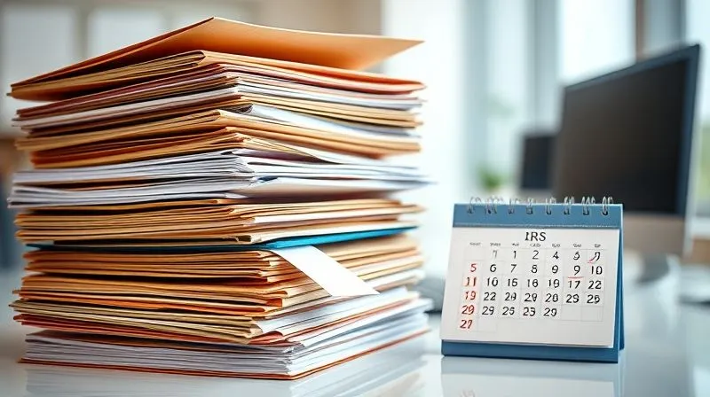 photorealistic, professional photography, 8K, cinematic lighting, sharp focus, depth of field, shot on a high-end DSLR. A stack of meticulously organized manila folders and binders on a clean, modern desk, with a calendar marked for IRS deadlines. The scene emphasizes the importance of thorough record-keeping and preparation for future tax interactions. Soft, diffused office lighting.
