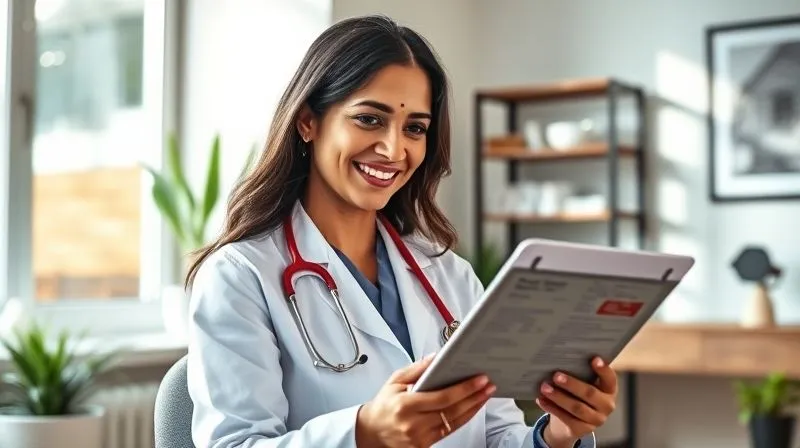 A photorealistic image of a female physician, Dr. Anya Sharma, smiling confidently as she reviews a positive financial statement on a tablet. She is in a modern, well-appointed home office, with natural light streaming in. Professional photography, 8K, cinematic lighting, sharp focus, depth of field, shot on a high-end DSLR.