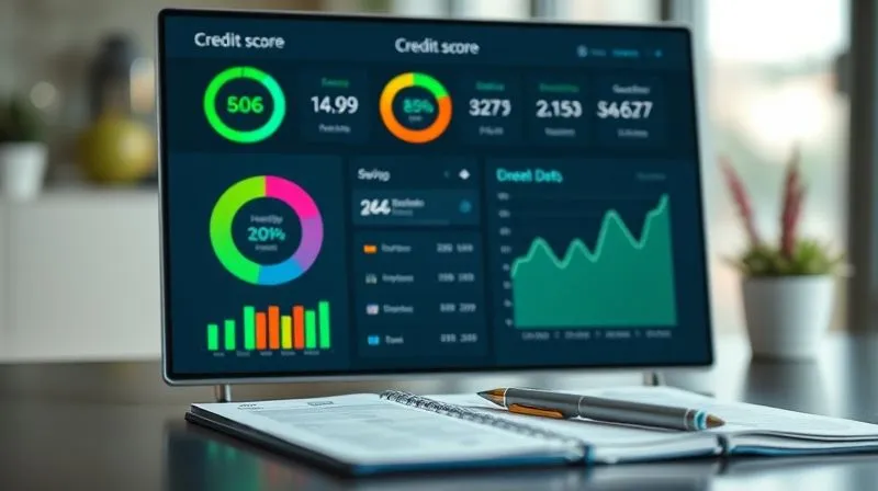 A photorealistic image of a digital dashboard displaying various financial metrics: a healthy credit score, increasing savings, and a declining debt graph. The screen is on a modern desk with a pen and a planner, symbolizing ongoing financial management. Professional photography, 8K, cinematic lighting, sharp focus, depth of field, shot on a high-end DSLR.