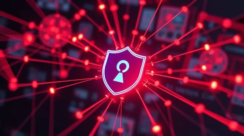 A photorealistic image depicting a complex network of digital threats, represented by glowing red lines and abstract malicious code, converging on a vulnerable server icon, with a protective blue shield barely containing them. Professional photography, 8K, cinematic lighting, sharp focus, depth of field, shot on a high-end DSLR.
