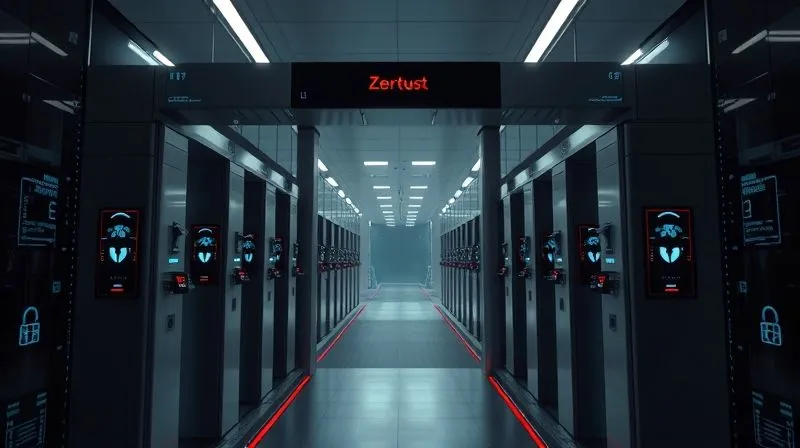A photorealistic image of a digital gate or checkpoint, with multiple biometric scanners and digital locks, symbolizing a Zero-Trust architecture. A faint, secure pathway extends beyond the gate. Professional photography, 8K, cinematic lighting, sharp focus, depth of field, shot on a high-end DSLR.
