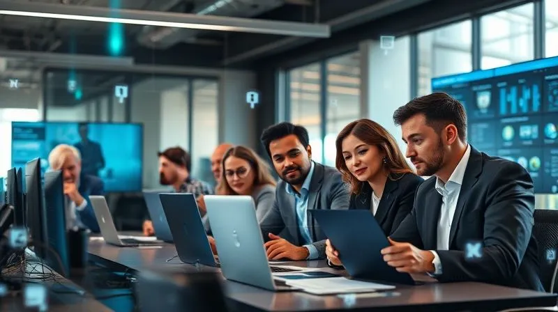 A photorealistic image of a diverse group of professionals in a modern office environment, engaged in a cybersecurity training simulation, with digital security icons subtly overlaid. The atmosphere is focused and collaborative. Professional photography, 8K, cinematic lighting, sharp focus, depth of field, shot on a high-end DSLR.