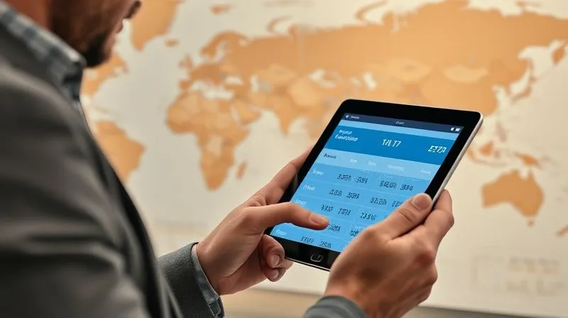 A photorealistic image of a professional traveler meticulously planning a trip on a tablet, with a world map and financial charts in the background, sharp focus on the tablet screen showing flight prices, cinematic lighting, 8K hyper-detailed, shot on a high-end DSLR.