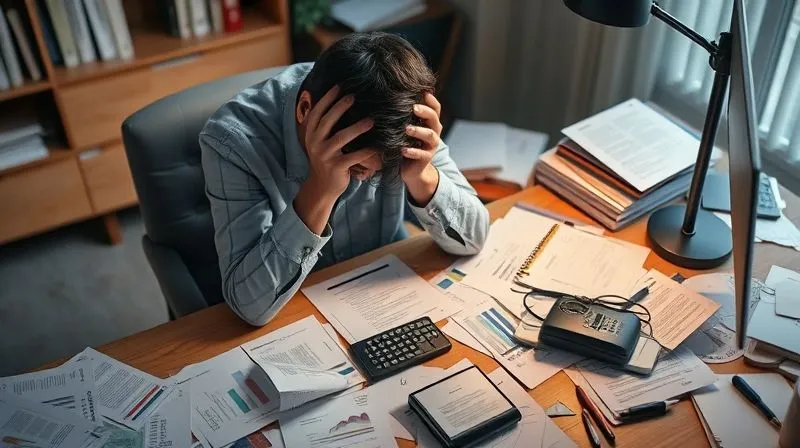 photorealistic, professional photography, 8K, cinematic lighting, sharp focus, depth of field, shot on a high-end DSLR, a person sitting at a desk, head in hands, surrounded by scattered financial documents, bills, and a calculator, a sense of overwhelming stress and confusion, soft ambient light.