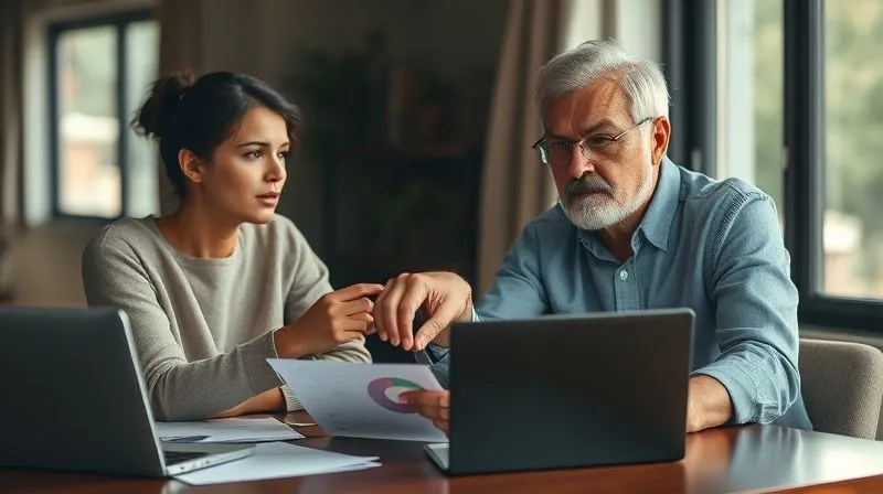 photorealistic, professional photography, 8K, cinematic lighting, sharp focus, depth of field, shot on a high-end DSLR, two people (one younger, one older and experienced-looking) sitting at a table with a laptop and documents, engaged in a discussion, the older person pointing to a chart, conveying mentorship and guidance, warm natural light.