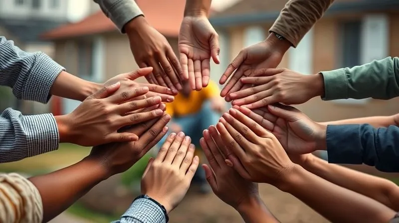 Photorealistic, professional photography, 8K, cinematic lighting, sharp focus, depth of field, shot on a high-end DSLR. A warm, inviting image of diverse hands gently reaching out to form a supportive circle, with a blurred background of community buildings, symbolizing network and community resources for financial aid.
