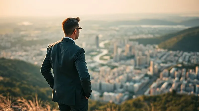 Photorealistic, professional photography, 8K, cinematic lighting, sharp focus, depth of field, shot on a high-end DSLR. A successful, confident professional standing on a hilltop overlooking a vibrant, thriving city at sunrise. Their back is slightly turned, looking towards the bright horizon, symbolizing financial freedom and a clear future. The scene evokes hope, accomplishment, and boundless opportunity.
