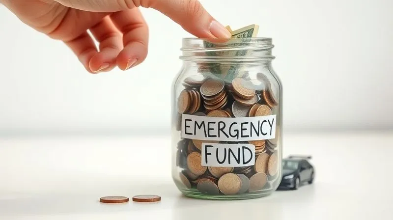 A hand carefully placing coins and a few folded bills into a clear glass jar labeled "Emergency Fund," showing the fund growing over time, with a small car figurine next to it, set on a clean, light-colored desk, photorealistic, professional photography, 8K, cinematic lighting, sharp focus, depth of field, shot on a high-end DSLR.