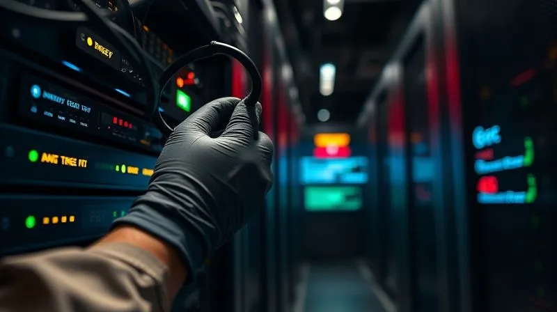 Photorealistic, professional photography, 8K, cinematic lighting, sharp focus, depth of field, shot on a high-end DSLR. A person's hands wearing gloves, carefully disconnecting a network cable from a server rack in a dimly lit, high-security data center. The scene is tense and urgent, with digital readouts on screens in the background showing anomaly alerts. Focus on the hands and the cable, with a shallow depth of field.