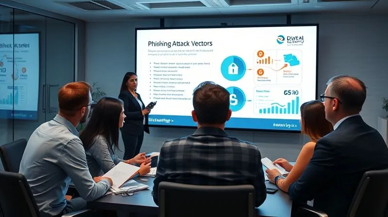 Photorealistic, professional photography, 8K, cinematic lighting, sharp focus, depth of field, shot on a high-end DSLR. A team of professionals gathered around a large screen in a modern office, actively participating in a cybersecurity training session. One person is presenting a slide on 'Phishing Attack Vectors' while others are engaged, taking notes, and asking questions. The mood is serious and focused on learning and prevention, with digital security graphics subtly visible on the screen.