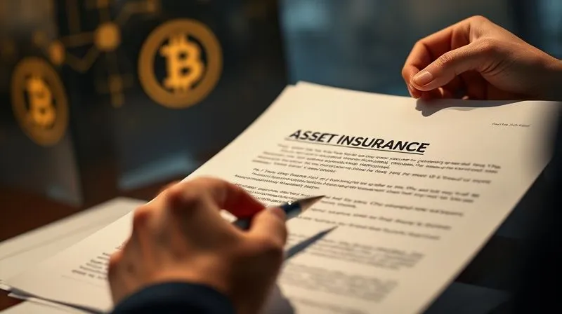 Photorealistic, professional photography, 8K, cinematic lighting, sharp focus, depth of field, shot on a high-end DSLR. A professional-looking document with legal jargon and blockchain symbols faintly visible in the background, being reviewed by a hand holding a pen. The focus is on the document, which might have a title like 'Digital Asset Insurance Policy' or 'Cybersecurity Legal Framework'. The lighting is sophisticated, suggesting a serious, high-stakes environment.
