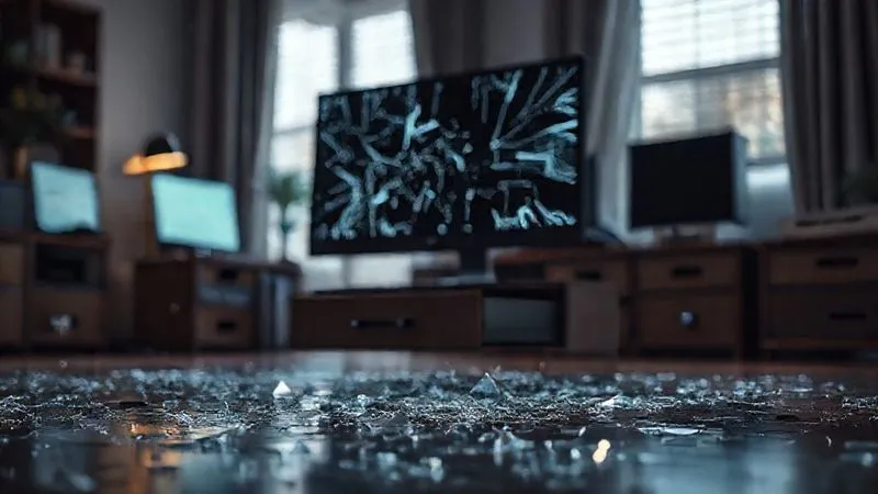 A photorealistic image of a broken high-end computer monitor and an empty desk drawer in a home office, with shattered glass on the floor, cinematic lighting creating a somber mood, sharp focus on the damage, depth of field blurring the background, 8K hyper-detailed, professional photography.