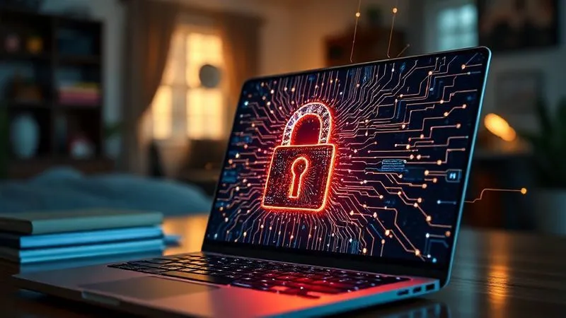 A photorealistic, professional photography, 8K, cinematic lighting, sharp focus, depth of field, shot on a high-end DSLR, depicting a glowing, intricate digital lock on a laptop screen, with a network of abstract data lines radiating outwards, some lines appear broken or fractured, symbolizing a data breach. The background is a slightly blurred home office setting, conveying a sense of vulnerability amidst comfort.
