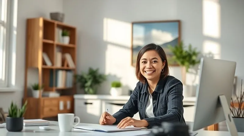 A photorealistic image of a minimalist, well-organized home office, with natural light streaming in. A professional is smiling, focused on a task, with a subtle backdrop of a serene, travel-inspired photograph on the wall. The scene evokes thoughtful spending and a life focused on experiences rather than excessive material possessions. Cinematic lighting, sharp focus, depth of field, 8K hyper-detailed, professional photography.