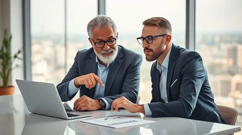 A photorealistic image of two diverse professionals, one slightly older and one younger, sitting at a modern desk, reviewing a tablet displaying financial charts. The older professional points thoughtfully at the screen, mentoring the younger. The background is a bright, airy office with a panoramic city view. The scene conveys financial planning, mentorship, and long-term vision. Cinematic lighting, sharp focus, depth of field, 8K hyper-detailed, professional photography.