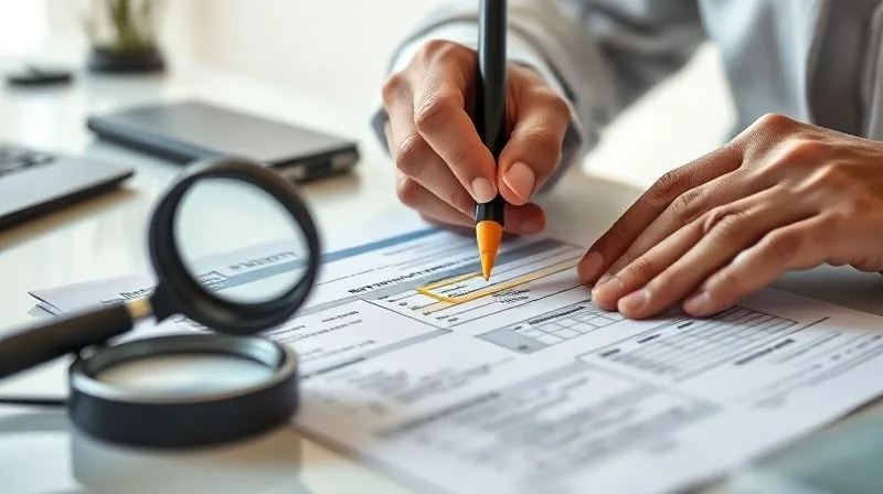 photorealistic, professional photography, 8K, cinematic lighting, sharp focus, depth of field, shot on a high-end DSLR, a person meticulously scrutinizing a printed credit report, highlighting specific lines with a yellow marker, a magnifying glass nearby, on a clean, organized desk, conveying diligence and attention to detail.
