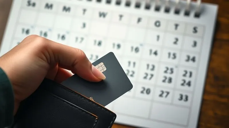 photorealistic, professional photography, 8K, cinematic lighting, sharp focus, depth of field, shot on a high-end DSLR, a hand carefully placing a new, sleek credit card into a wallet, with a blurred background of a calendar showing consistent monthly payments marked, conveying responsible financial management and rebuilding trust.