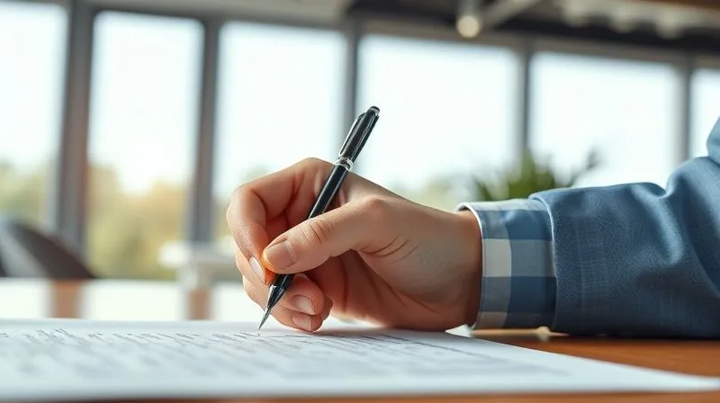photorealistic, professional photography, 8K, cinematic lighting, sharp focus, depth of field, shot on a high-end DSLR, a person's hand confidently signing a professional license document, with a blurred background showing a bright, optimistic office setting and a clear, sunny window, conveying success, achievement, and a fresh start.