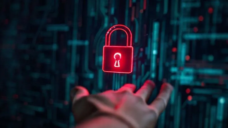 photorealistic, professional photography, 8K, cinematic lighting, sharp focus, depth of field, shot on a high-end DSLR, a digital padlock icon glowing red on a dark, abstract background of swirling data streams, symbolizing a security breach, with a blurred, anxious human hand reaching towards it, conveying urgency and the attempt to contain the digital threat, emotionally resonant.