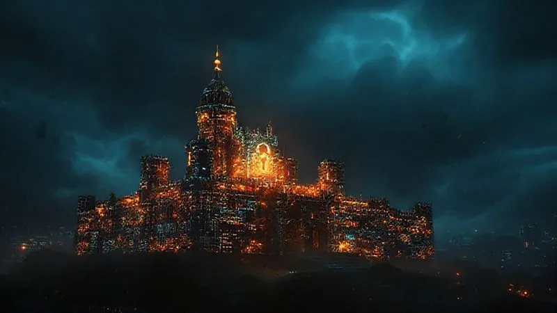 photorealistic, professional photography, 8K, cinematic lighting, sharp focus, depth of field, shot on a high-end DSLR, a complex, glowing digital fortress made of interlocking security symbols and code, standing defiantly against a dark, stormy background, representing robust cybersecurity defenses, with a subtle upward trajectory indicating continuous improvement and resilience, emotionally resonant.