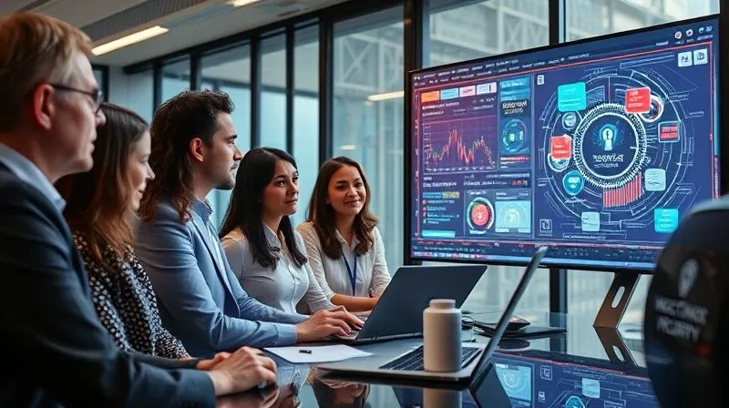 A photorealistic image of a diverse group of financial professionals in a modern, collaborative workspace, engaged in a discussion about digital security. They are looking at a large screen displaying complex data visualizations related to cybersecurity threats. Cinematic lighting, sharp focus on the group, depth of field, 8K hyper-detailed, professional photography.