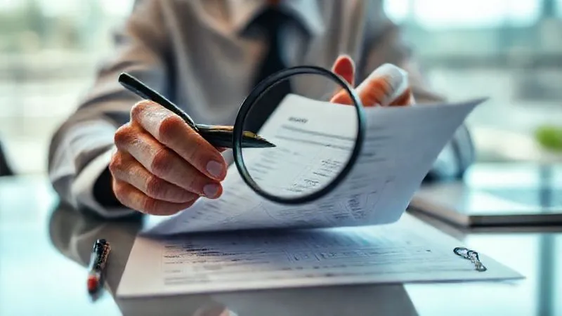 A photorealistic close-up of a professional's hands meticulously reviewing a printed credit report with a magnifying glass, highlighting discrepancies with a pen. The background is a blurred modern desk environment, cinematic lighting, sharp focus on the report, depth of field, 8K hyper-detailed, shot on a high-end DSLR.