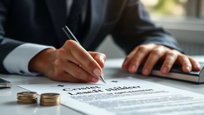 A photorealistic image of a professional's hands signing a document labeled 'Credit Builder Loan Agreement' with a pen, a small stack of coins next to it. The setting is a clean, modern desk, cinematic lighting, sharp focus on the document and hands, depth of field, 8K hyper-detailed, shot on a high-end DSLR.