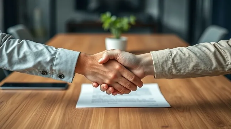 A photorealistic image depicting two hands (one professional, one slightly more casual) shaking across a conference table, with a blurred legal document and a small plant in the background. The atmosphere is one of mutual agreement and resolution. Cinematic lighting, sharp focus on the handshake, depth of field, 8K hyper-detailed, professional photography, shot on a high-end DSLR.