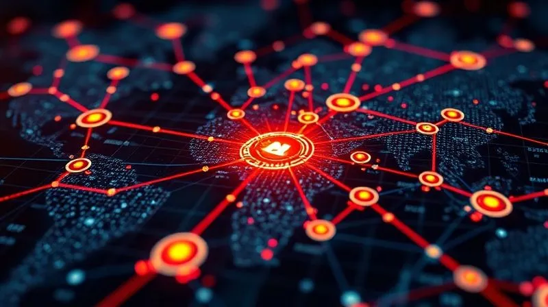 A photorealistic, professional photography shot of a complex, glowing digital threat map, showing interconnected nodes representing financial institutions under attack, with red lines indicating active ransomware campaigns. Cinematic lighting, sharp focus, depth of field, 8K, shot on a high-end DSLR.