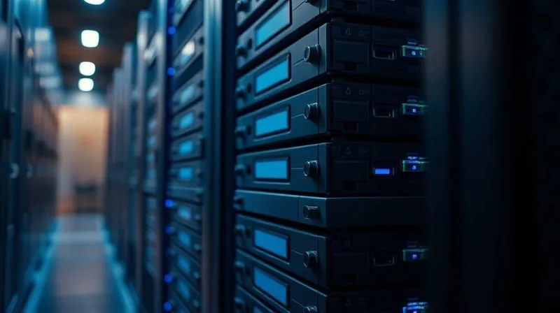 A photorealistic, professional photography shot of multiple secure, physically isolated hard drives stacked in a vault-like data center, bathed in cool blue light, symbolizing immutable backups. Sharp focus on the drives, depth of field, 8K, shot on a high-end DSLR.