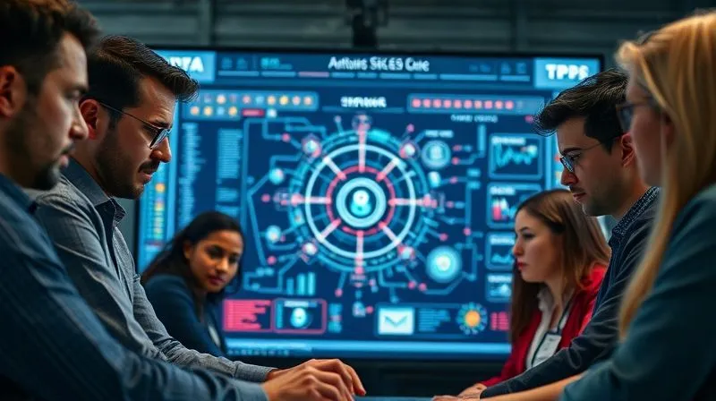 A photorealistic, professional photography shot of a diverse group of cybersecurity professionals collaborating around a large, interactive digital display showing a complex network diagram and threat indicators. Their faces show focus and determination. Cinematic lighting, sharp focus on the group and screen, depth of field, 8K, shot on a high-end DSLR.